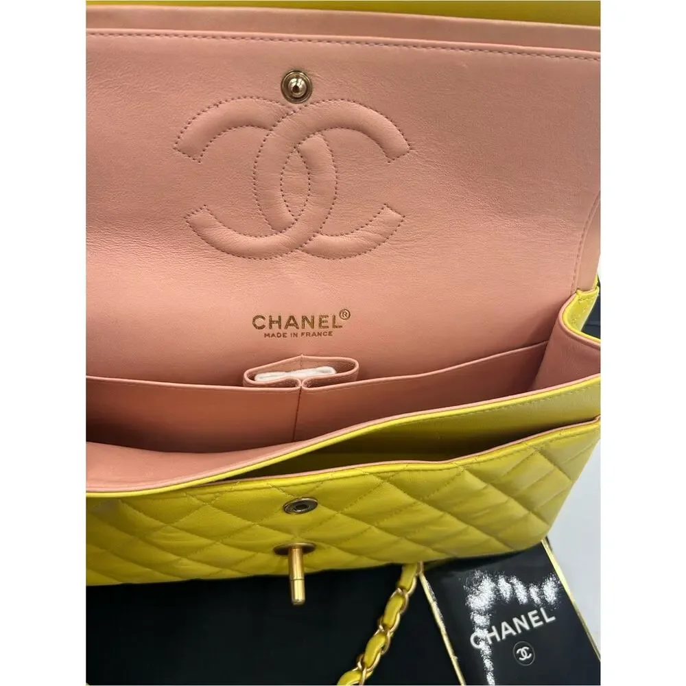 Women's Chanel Classic Quilted double Flap Bag in Yellow with Gold Hardware